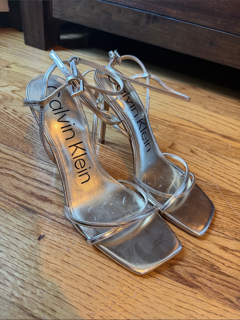 Calvin Klein Metallic Silver Strappy Square-Toe Heels